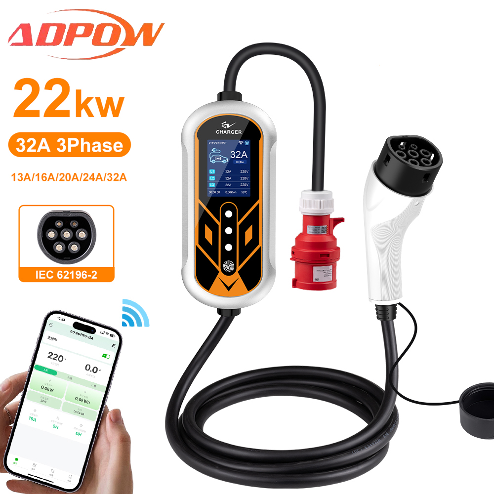 Ev Charger Type 2 22Kw 32A 3 Phase - ADPOW Portable 32A Type2 EV Chargers