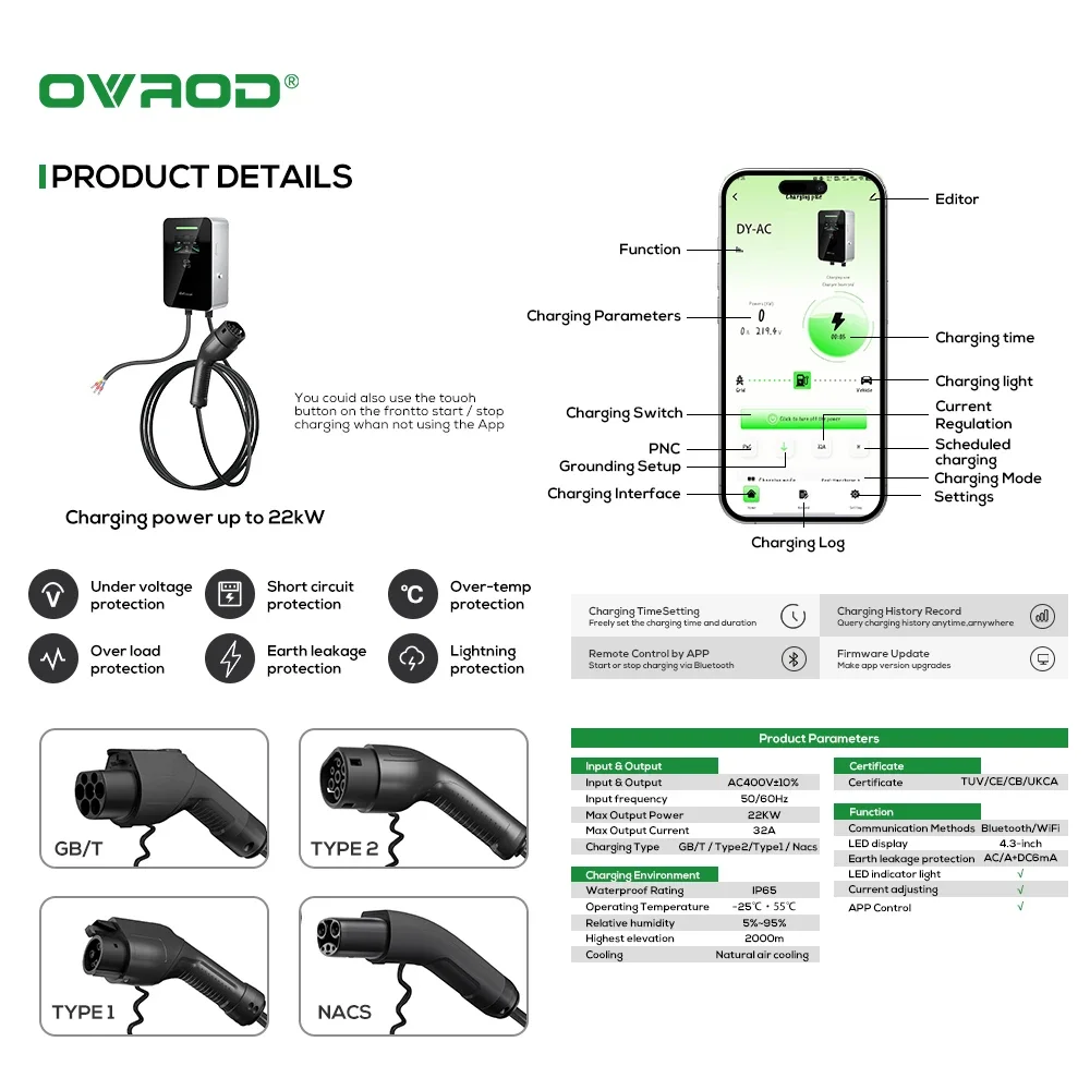 Ovrod Factory Evse Ac 7kw 11kw - Ev Charger Type 2 22Kw 32A 3 Phase 评论和价格